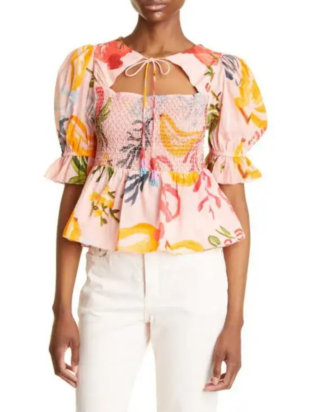 FARM Rio Pink Peach Mixed Fruit Floral Smocked Bodice 100% Cotton Blouse
